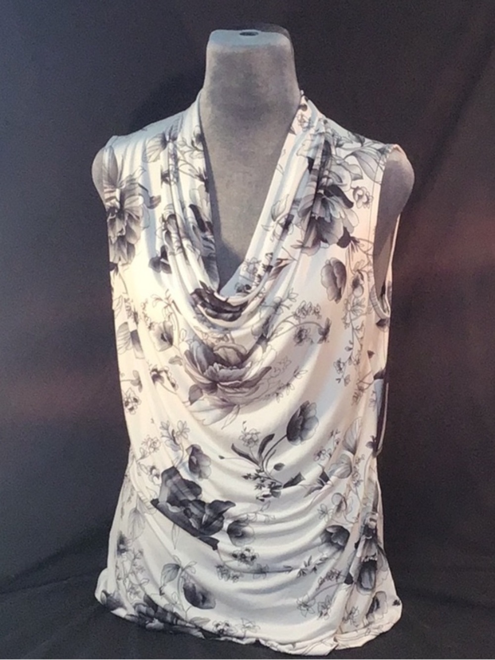 Worthington White and Black Floral Cowl Neck Sleeveless Blouse